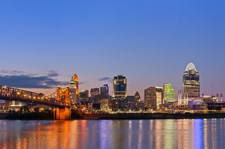 Image of Cincinnati and John A. Roebling suspension bridge at twilight.