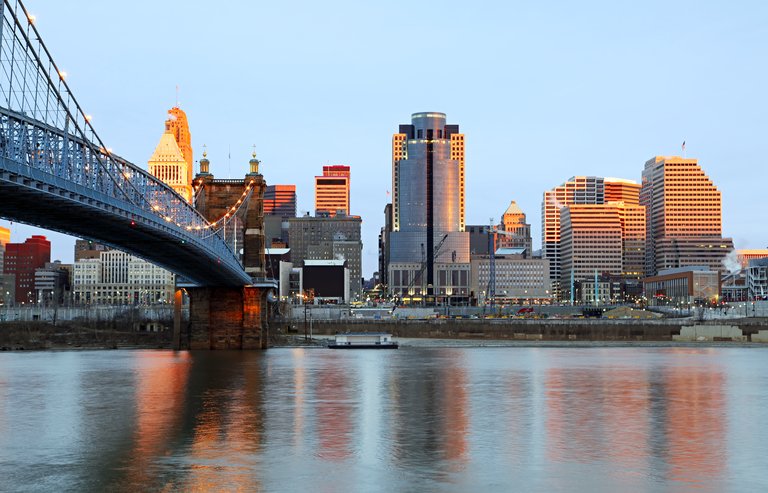 Downtown Cincinnati, Ohio and the John A. Roebling Suspension Bridge at sunrise.