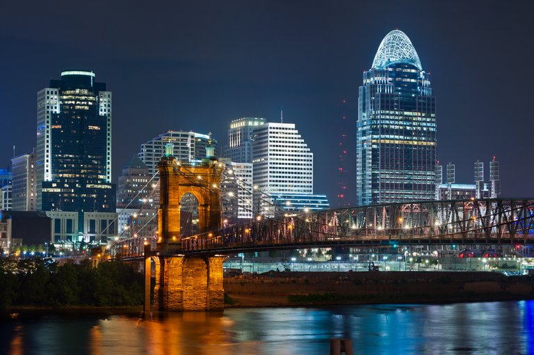 Image of Cincinnati and John A. Roebling suspension bridge at night.