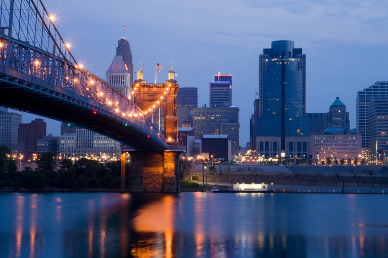 Cincinnati skyline and Roebling Suspension Bridge shortly before sunrise.