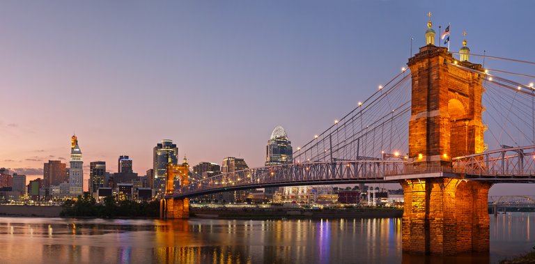 Image of Cincinnati and John A. Roebling suspension bridge at twilight.