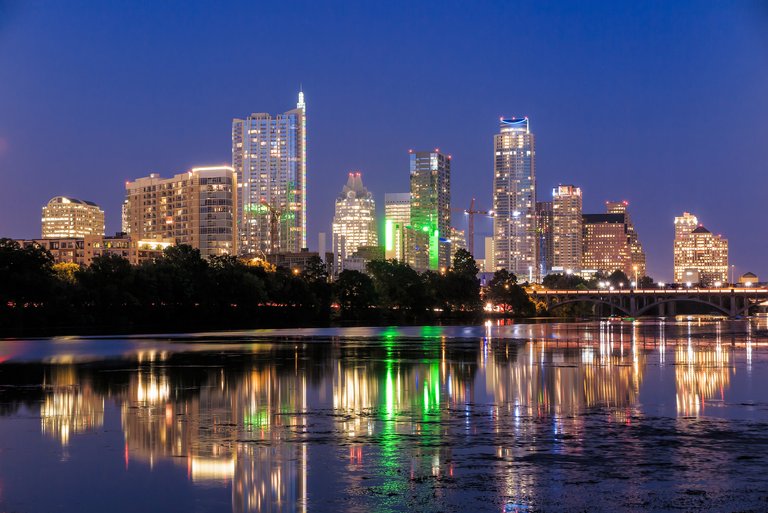 Beautiful Austin skyline reflection at twilight, Texas