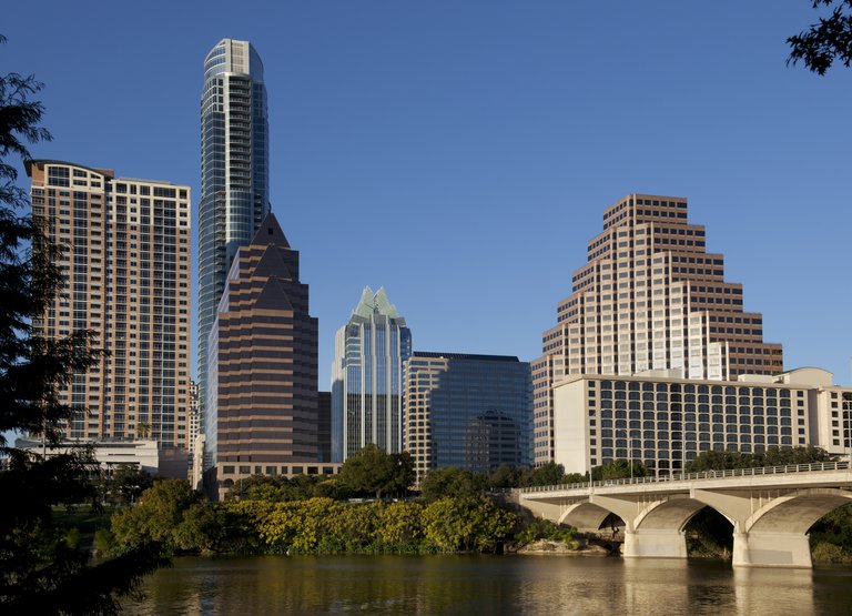 Austin, Texas skyline, Lady Bird Lake and Congress Avenue Bridge.