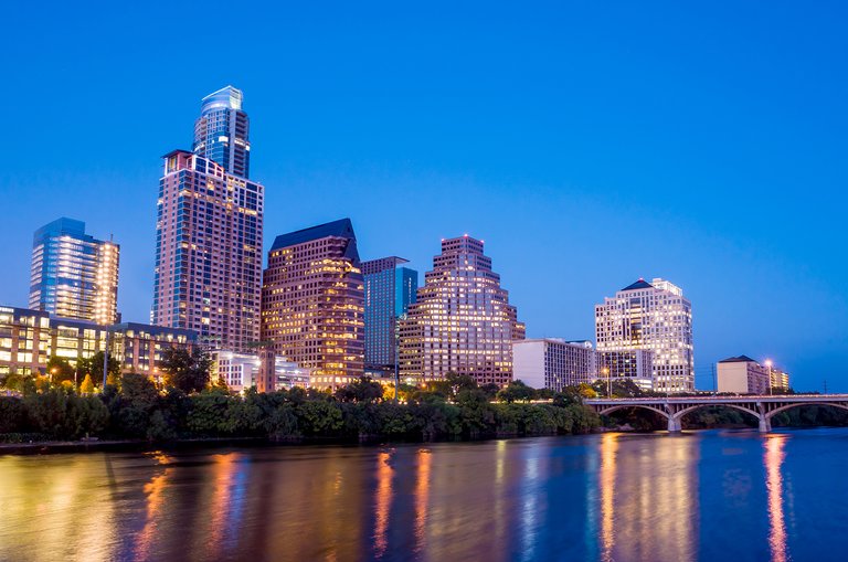 Beautiful Austin skyline reflection at twilight, Texas