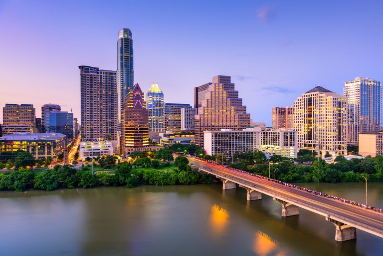 Austin, Texas, USA downtown skyline on the Colorado River.